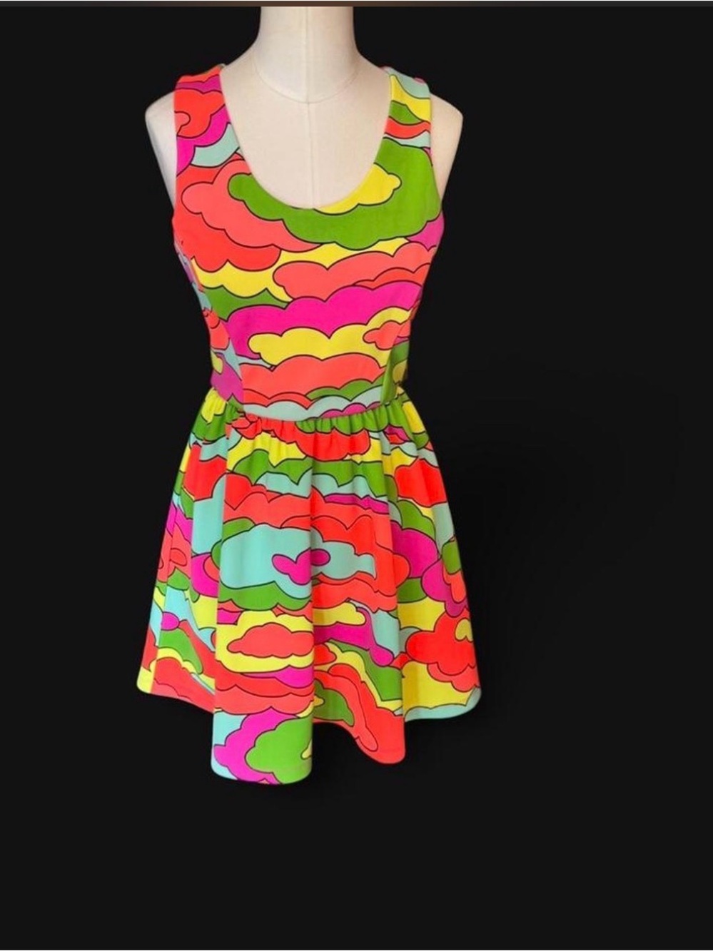 L’Amour Bright Multi-Color Sleeveless Fit&Flare Dress neon clouds rave festival
